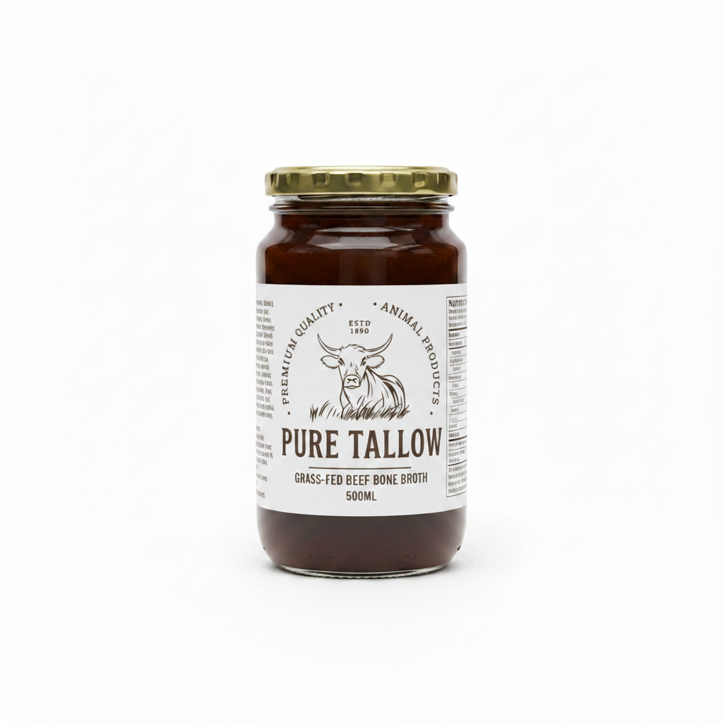 500ml Grass-Fed Beef Bone Broth - Full Label with Side Text