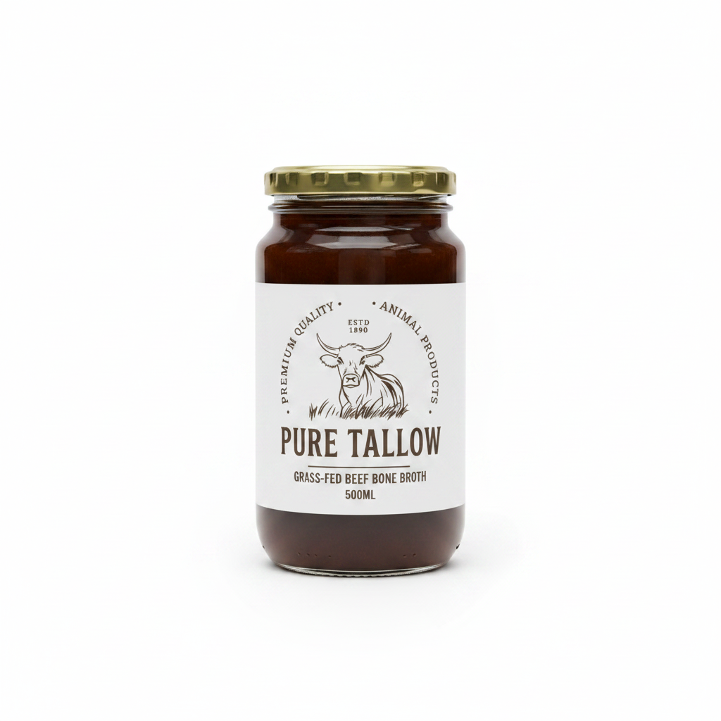 500ml Grass-Fed Beef Bone Broth - Small Cylindrical Jar Gold Lid