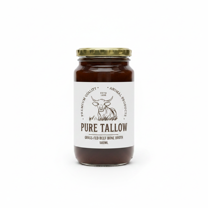500ml Grass-Fed Beef Bone Broth - Small Cylindrical Jar Gold Lid