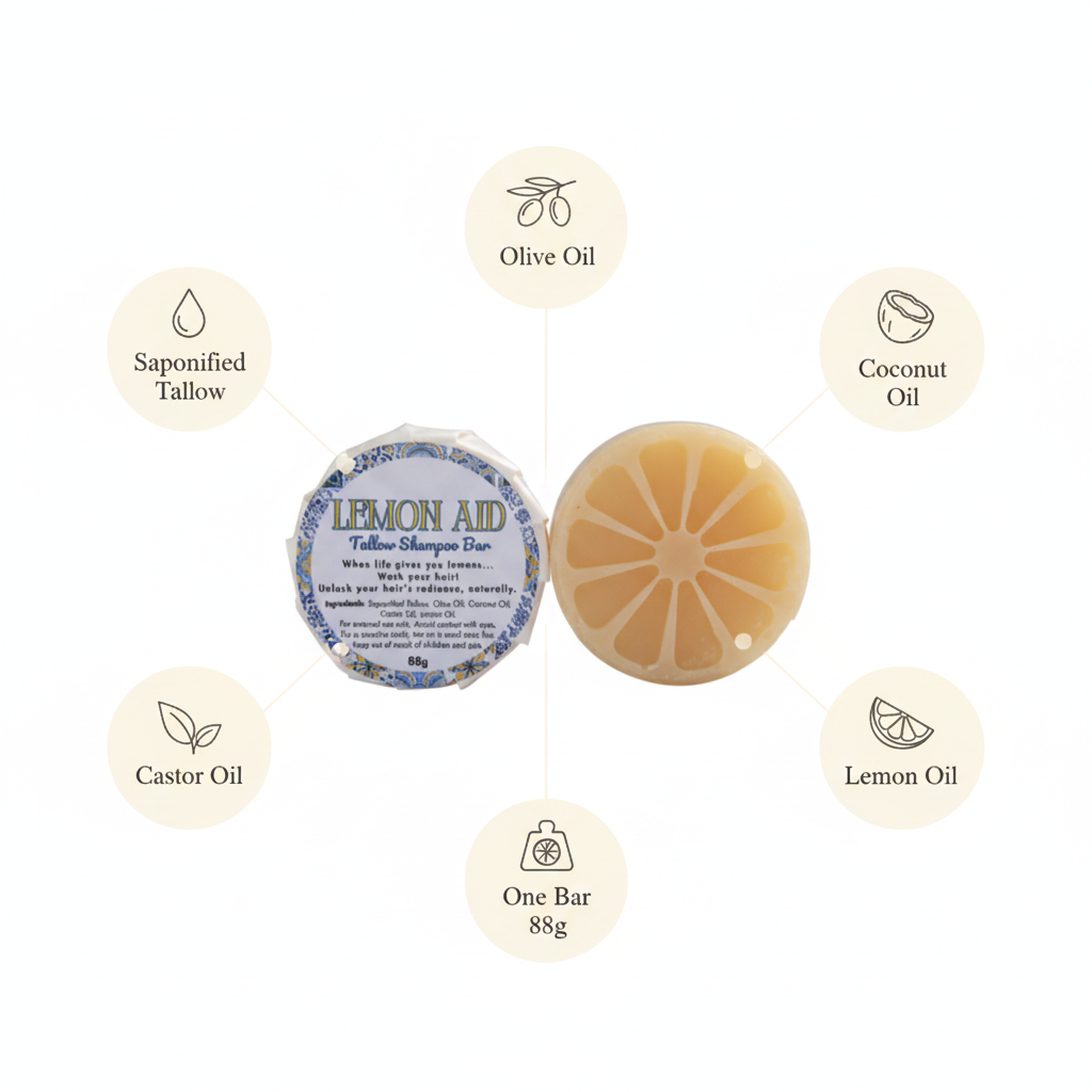 Lemon Aid Tallow Shampoo Bar ingredients: saponified tallow, olive oil, coconut oil, castor oil, lemon oil, one 88g bar