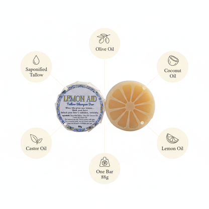 Lemon Aid Tallow Shampoo Bar ingredients: saponified tallow, olive oil, coconut oil, castor oil, lemon oil, one 88g bar
