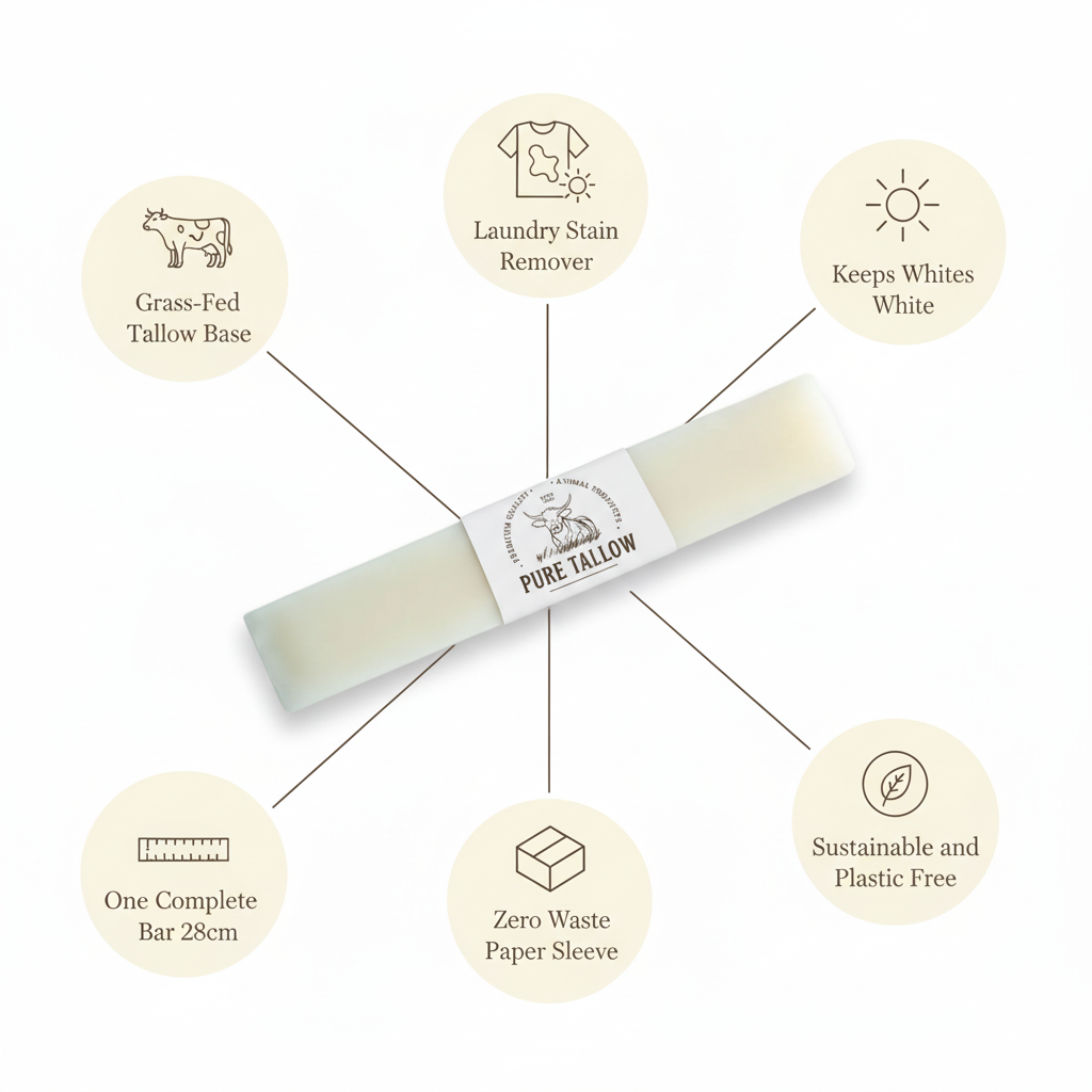Benefits of the Pure Tallow laundry soap bar: stain remover, keeps whites white, 28cm bar, zero waste paper sleeve