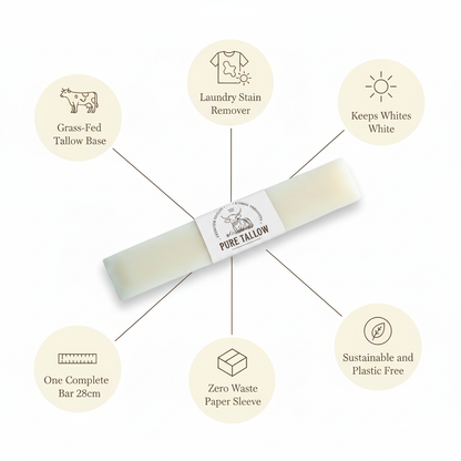 Benefits of the Pure Tallow laundry soap bar: stain remover, keeps whites white, 28cm bar, zero waste paper sleeve