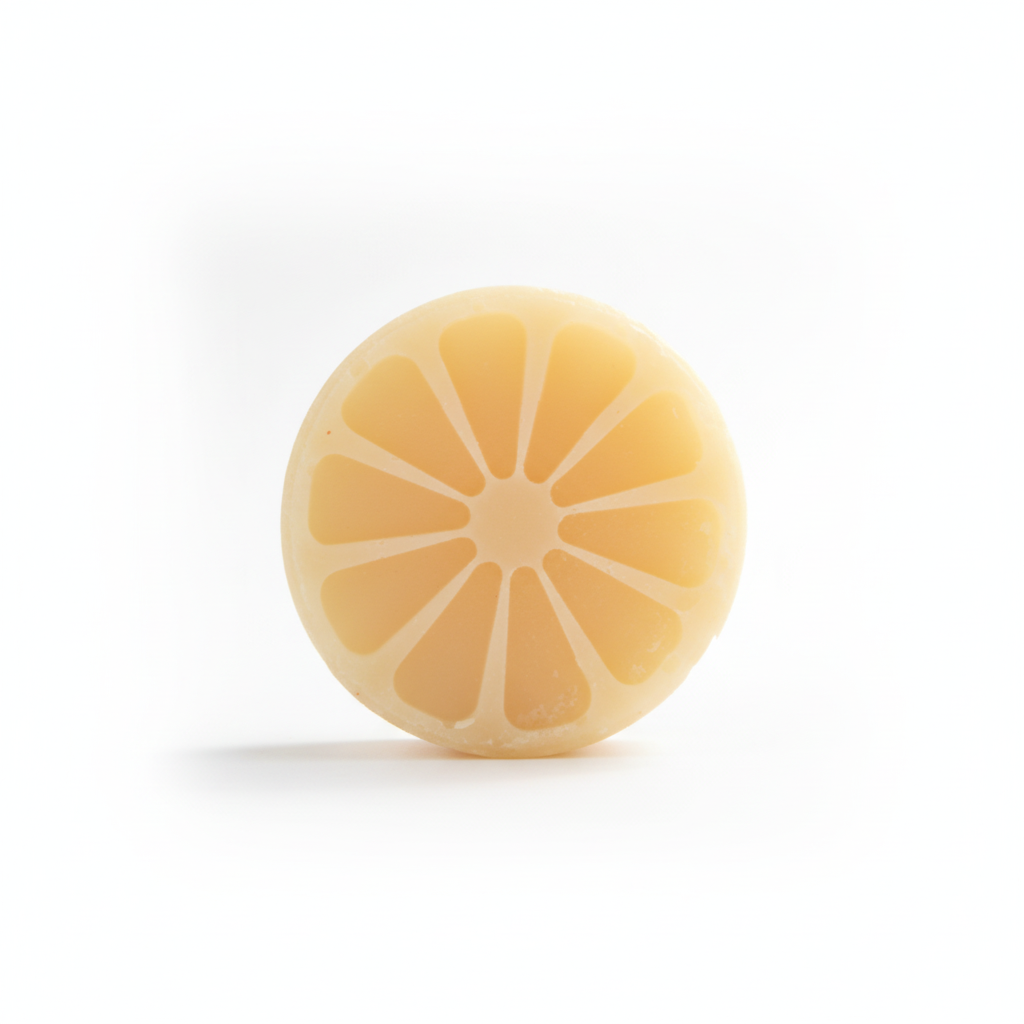 Plain lemon-slice shaped Lemon Aid tallow shampoo bar on a white background
