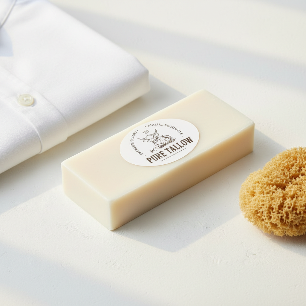 Angled view of the Pure Tallow laundry soap bar with a folded white shirt and natural sponge