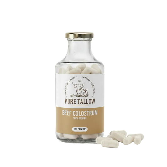 Pure Tallow Beef Colostrum – Glass Bottle Light Brown Label White Background