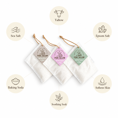 Tallow bath salt angle 2 with cream ingredient and benefit callouts